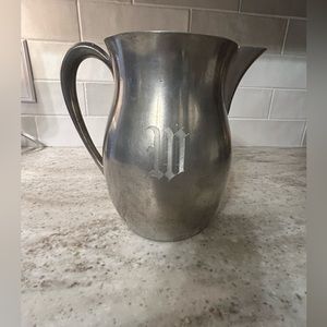 Brewster Pewter Pitcher #4589, Half-Heart Handle, engraved with a W